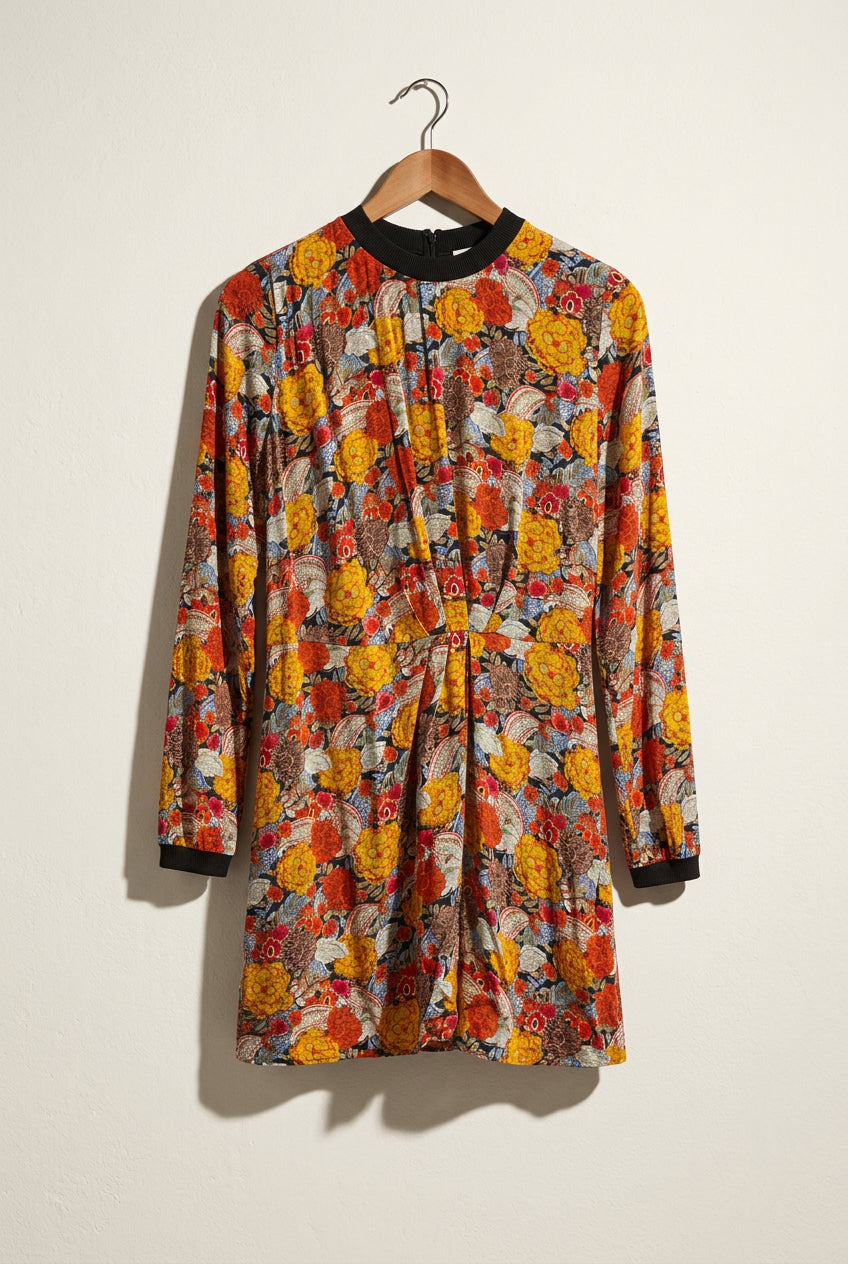 Zara TRF Collection Mini Dress Long Sleeve Floral Yellow/Blue/Multi Size M