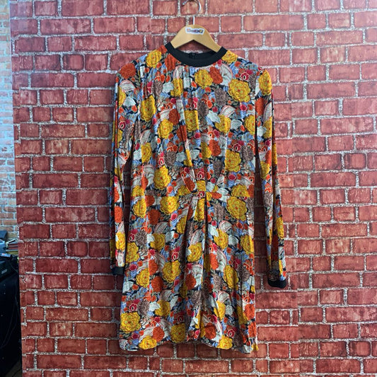 Zara TRF Collection Mini Dress Long Sleeve Floral Yellow/Blue/Multi Size M