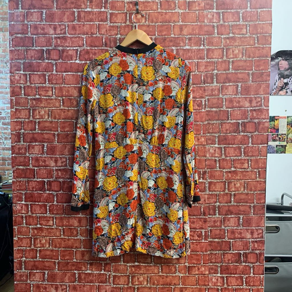 Zara TRF Collection Mini Dress Long Sleeve Floral Yellow/Blue/Multi Size M