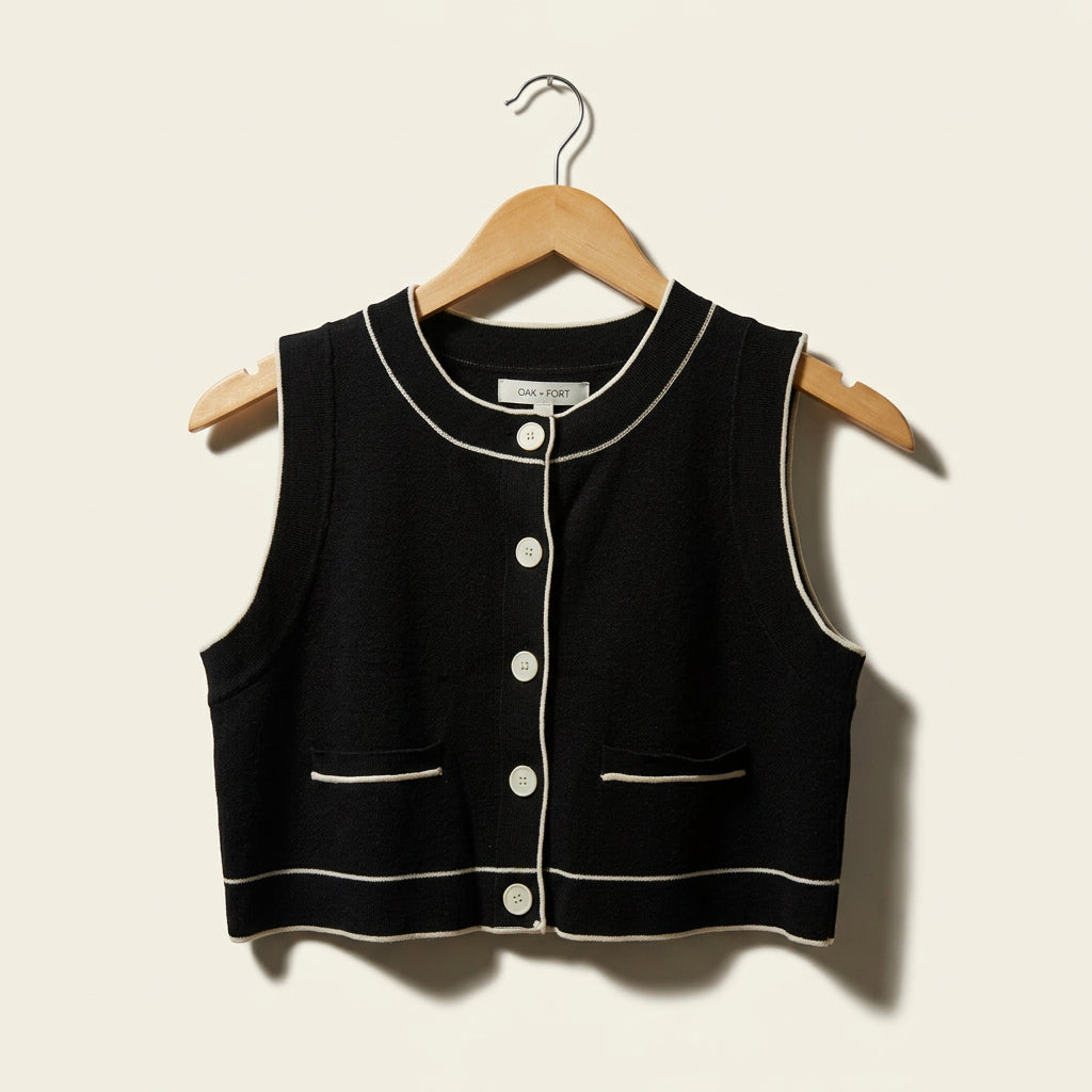 Oak + Fort Vest Crop Button Up Black/White