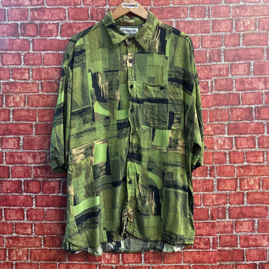 Trutus Biancarra Vintage Button Up Short Sleeve Rayon Patterned Green/Brown/Black Size XL