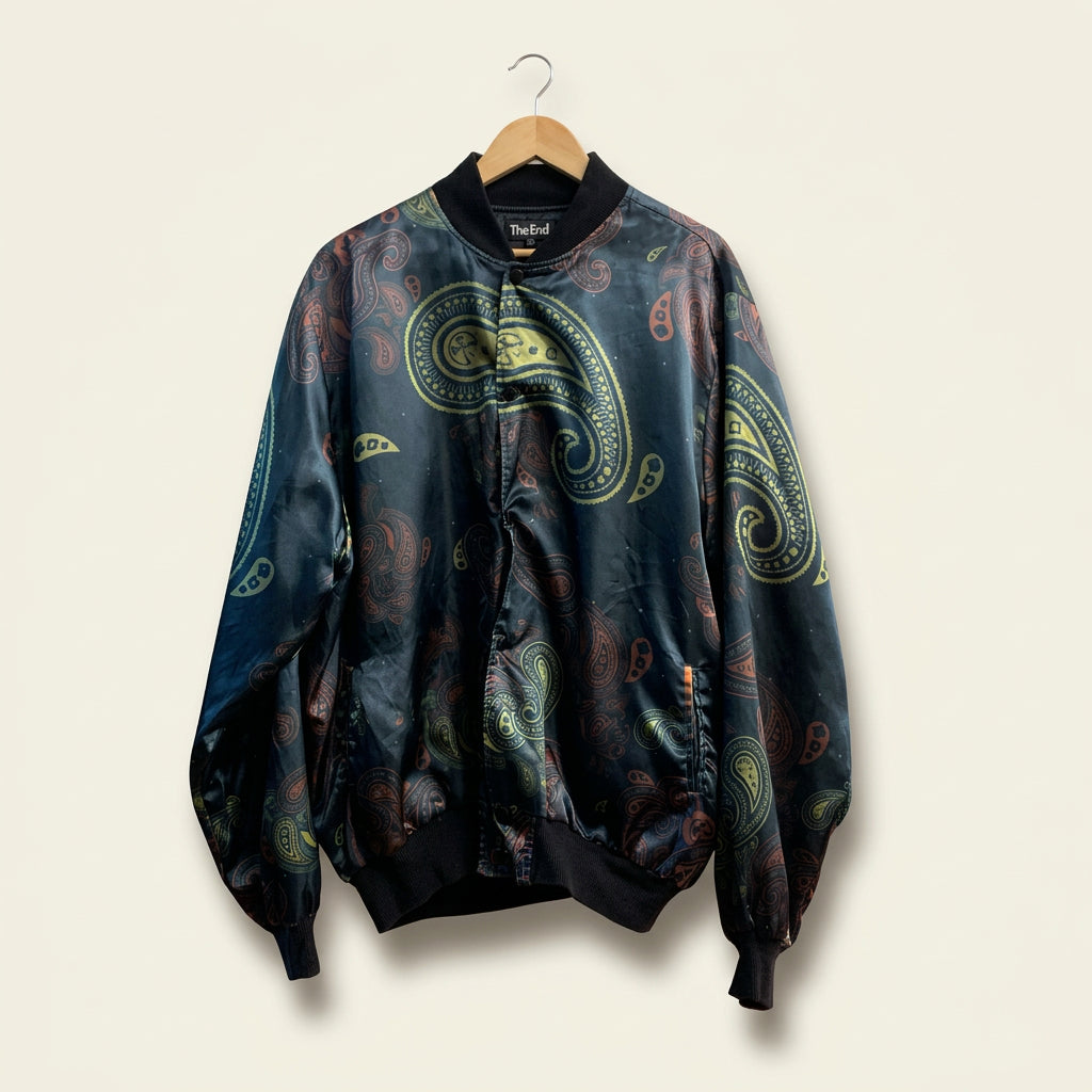 Civil Bomber Jacket Satin Paisley Navy/Brown/Green Men’s Size XL
