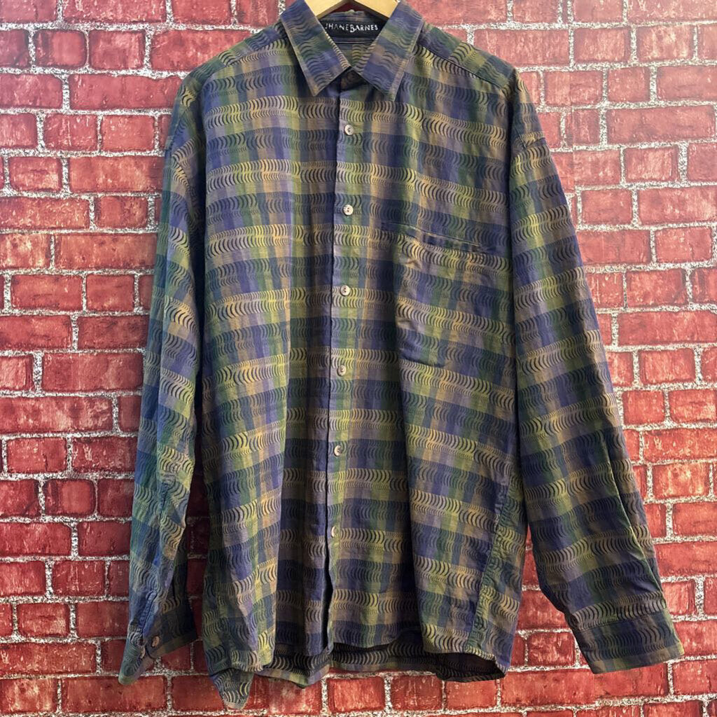 Jhane Barnes Vintage Button Up Rectangle/Square Pattern Purple/Green Size XL