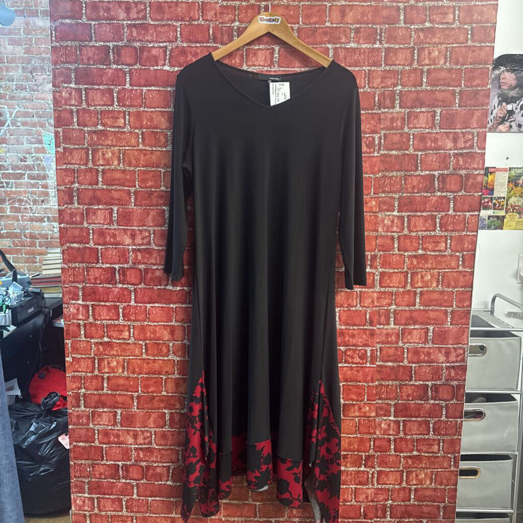 Sun Kim Black LS Red Floral Trim Midi Dress Size L