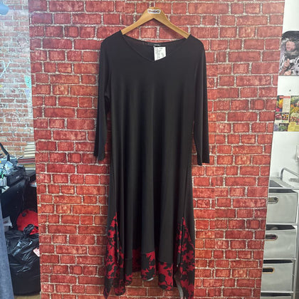 Sun Kim Black LS Red Floral Trim Midi Dress Size L
