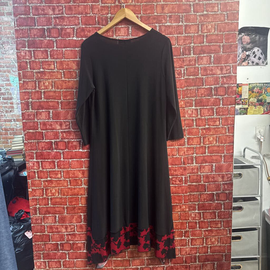 Sun Kim Black LS Red Floral Trim Midi Dress Size L