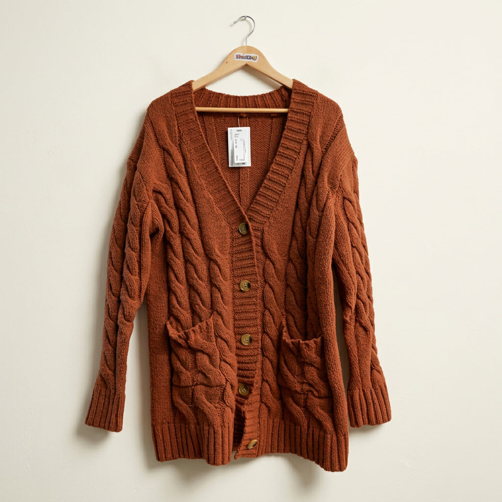 Chunky Cable Knit Cardigan Long Burnt Orange Ladies Size 2XL