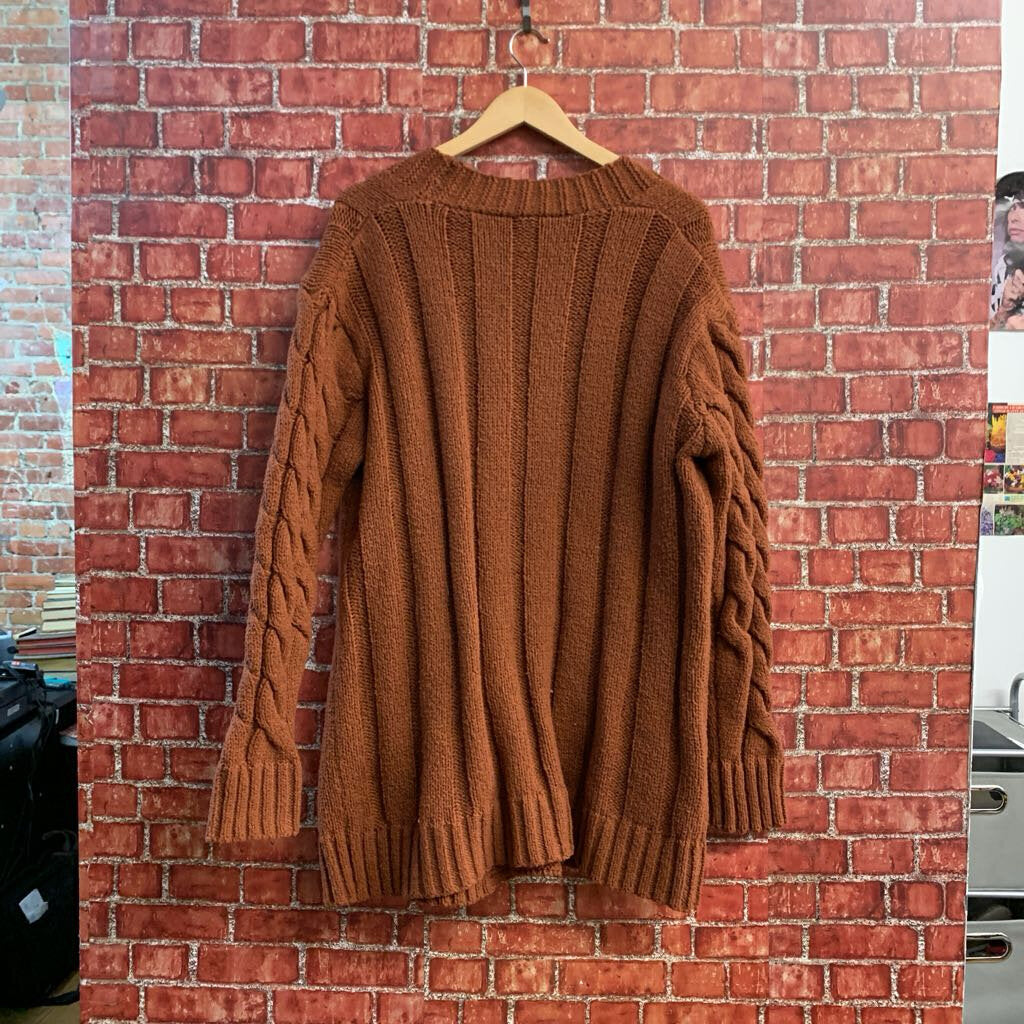 Chunky Cable Knit Cardigan Long Burnt Orange Ladies Size 2XL