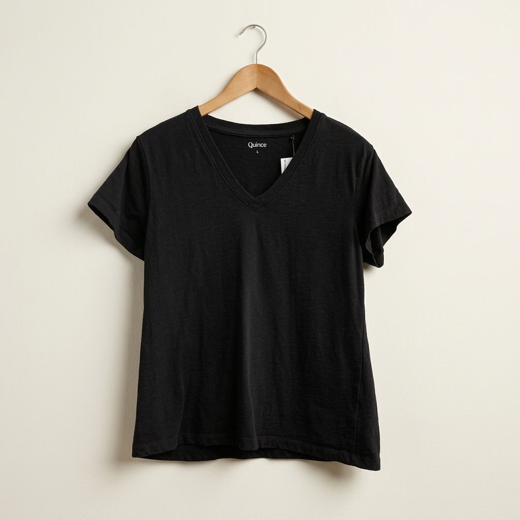 Quince Tee V Neck Black Ladies Size L