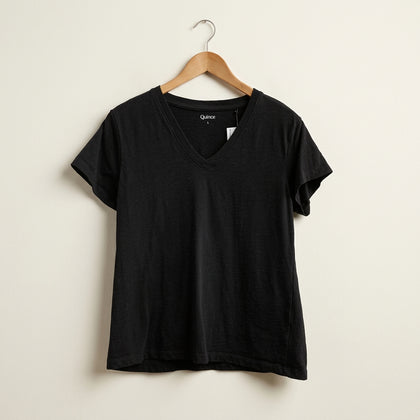 Quince Tee V Neck Black Ladies Size L