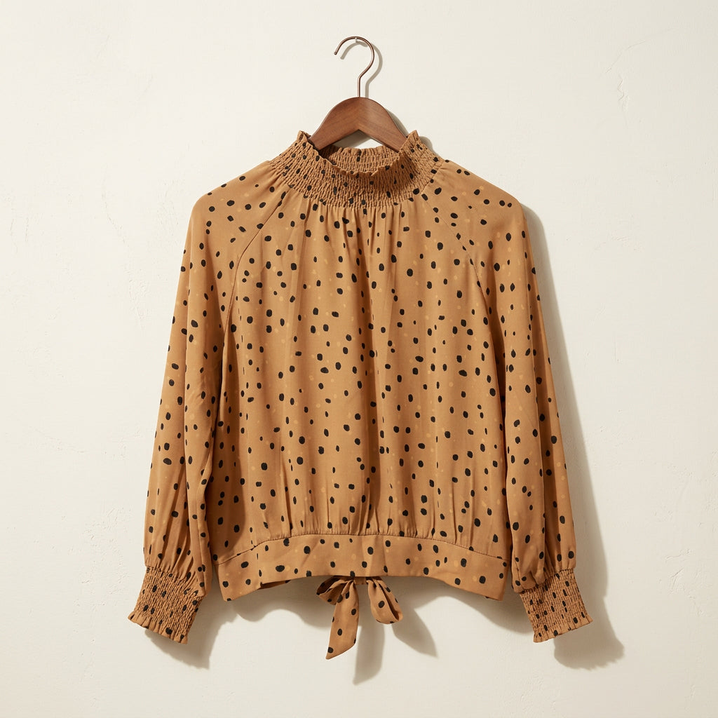 DR2 Blouse Mock Neck Ruched Dots Brown/Black Size L