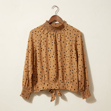 DR2 Blouse Mock Neck Ruched Dots Brown/Black Size L