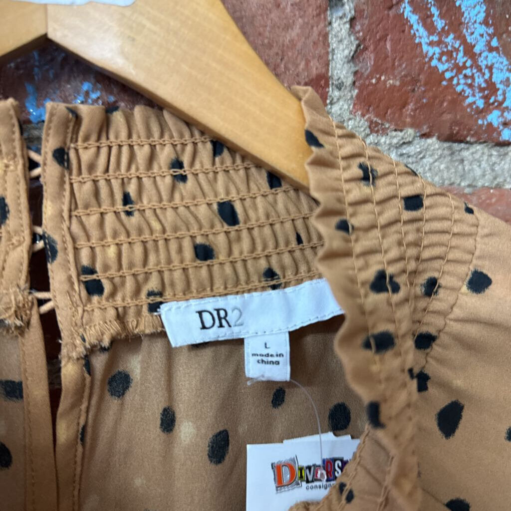 DR2 Blouse Mock Neck Ruched Dots Brown/Black Size L