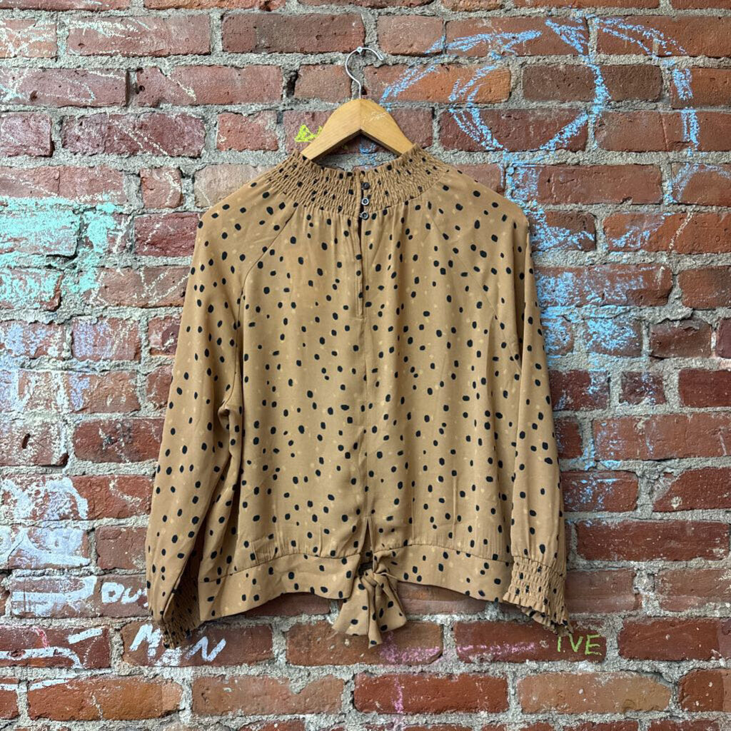 DR2 Blouse Mock Neck Ruched Dots Brown/Black Size L