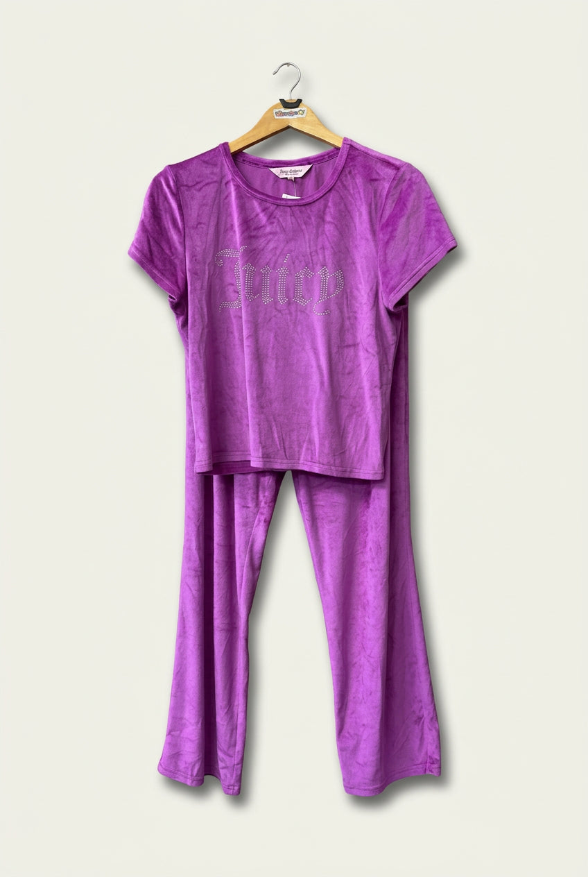 Juicy Couture Matching Set Tee and Pants Velvet Rhinestones Pink/Silver Ladies Size XL