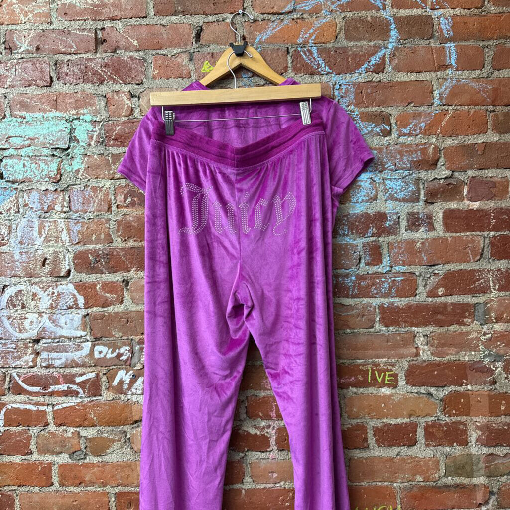 Juicy Couture Matching Set Tee and Pants Velvet Rhinestones Pink/Silver Ladies Size XL