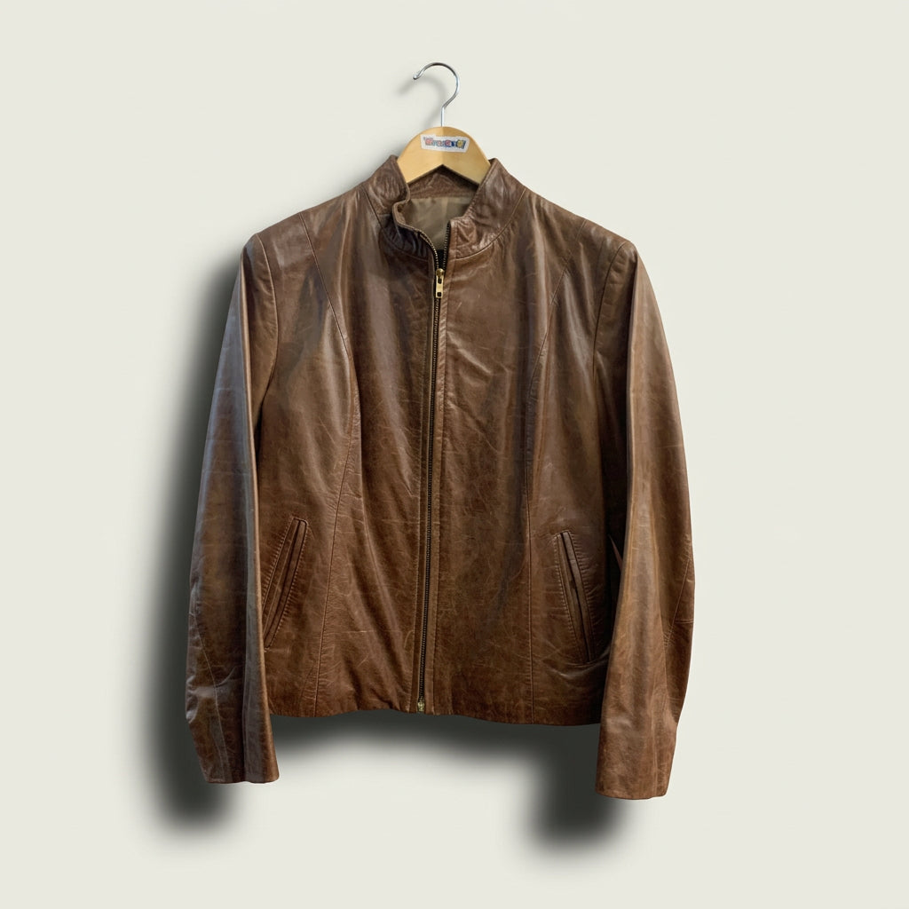 Lorenz Leather Brown Front Zip Moto Style Jacket Ladies Size XL