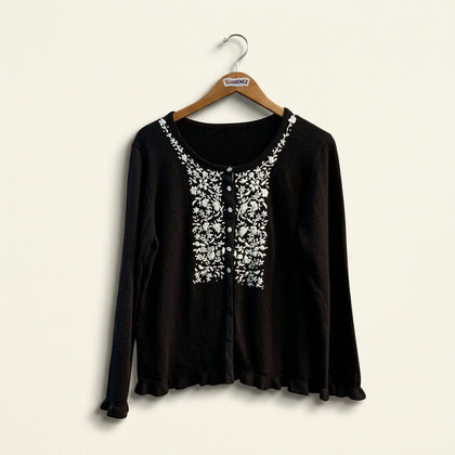 Sundance Brown Cardigan Sweater Floral Embroidered Ladies Size L