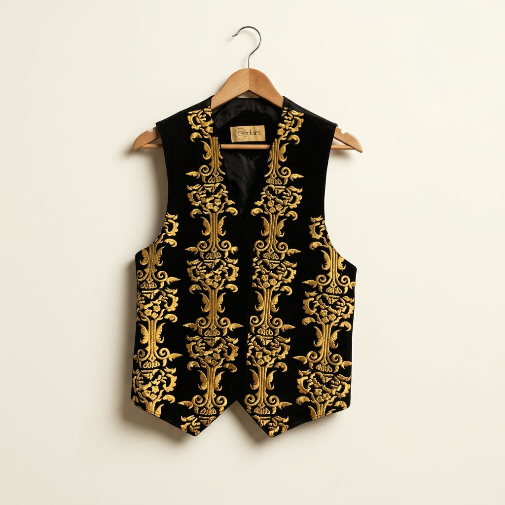 Cedars Leather Front Gold Embroidered Vest Men’s Size M