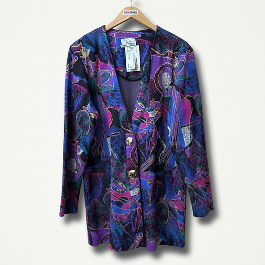 Vintage Lady Carol Cardigan Jacket Multi Color Abstract Pattern Ladies Size L