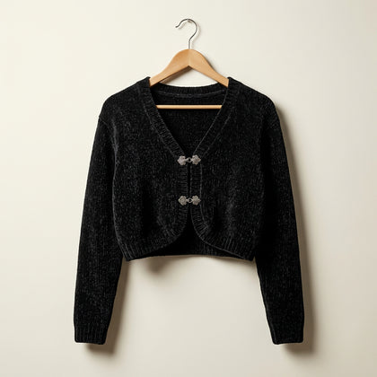 Vintage Contempo Casuals Black Thick Clasp Close Cardigan Sweater Ladies Size L