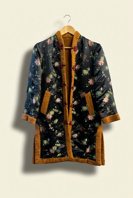 Vintage Peony Reversible Brown & Black Floral Coat Ladies Size S