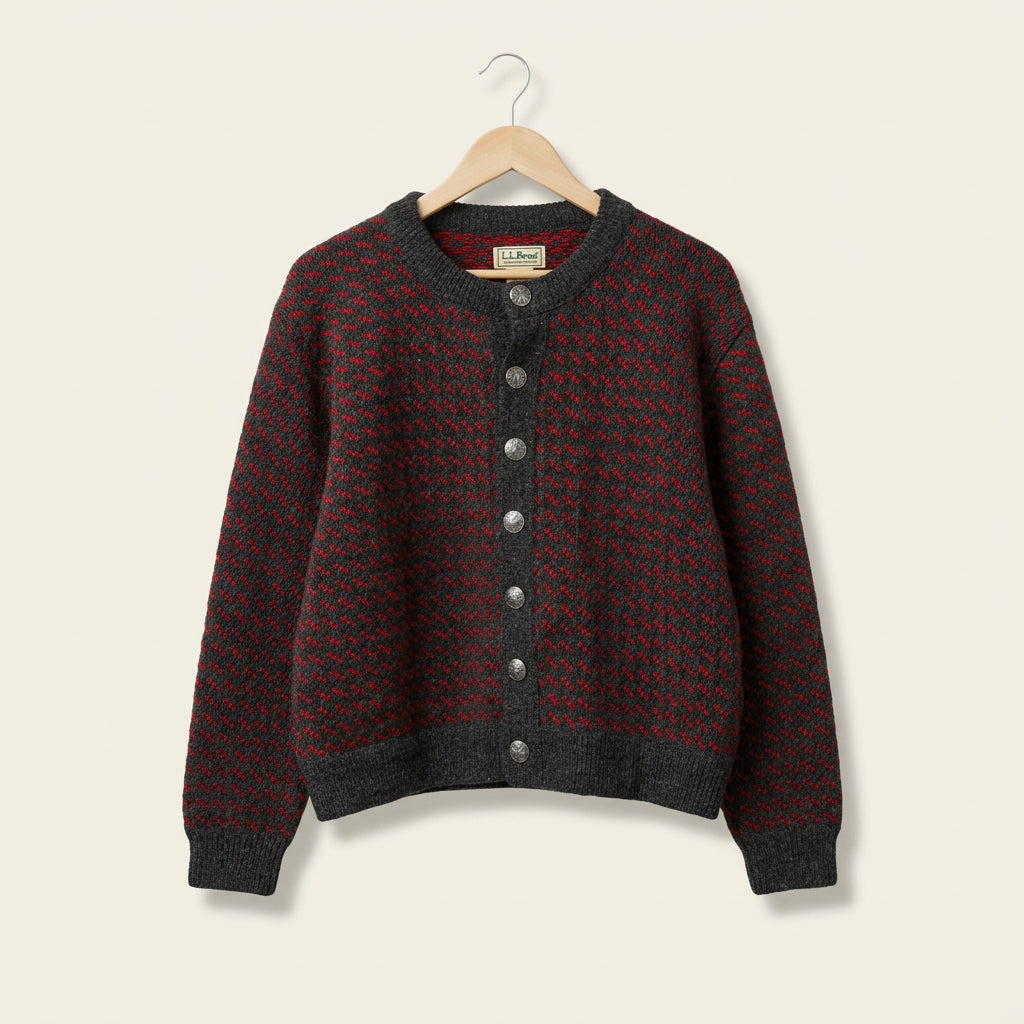 LL Bean Red & Grey Cardigan Sweater Thick Wool Men’s Size M