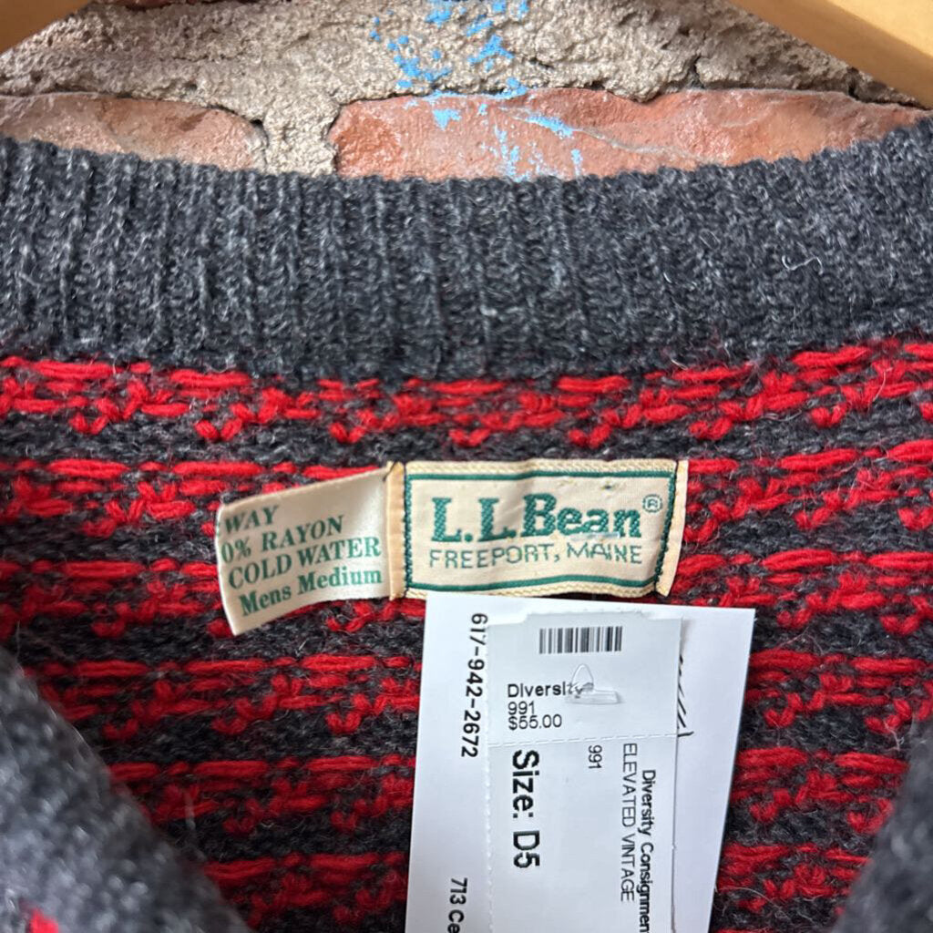 LL Bean Red & Grey Cardigan Sweater Thick Wool Men’s Size M