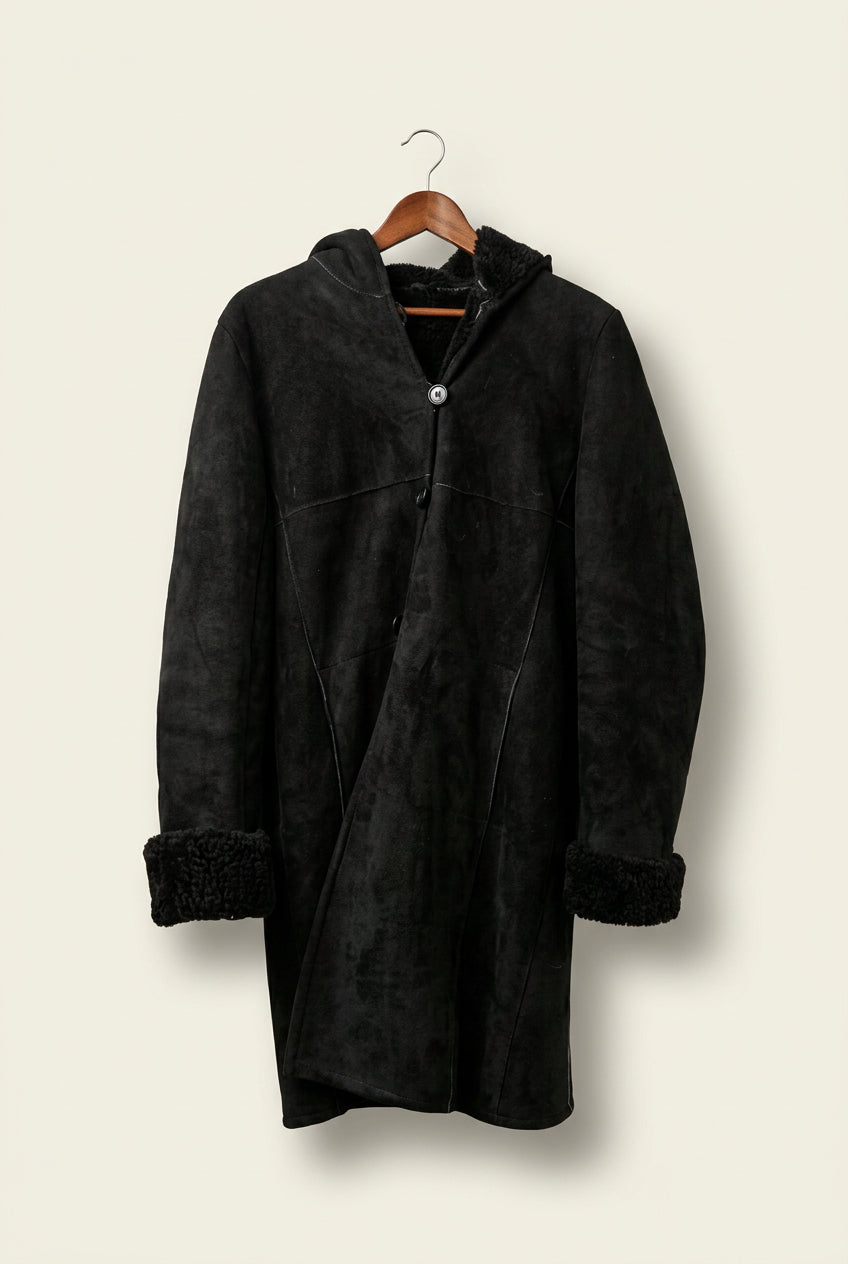 Owen Barry Vintage Shearling and Lambskin Coat Black Ladies Size M AS-IS (missing button/stains)
