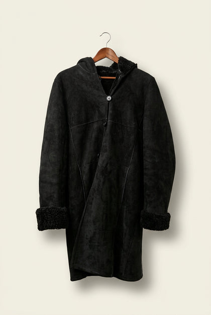 Owen Barry Vintage Shearling and Lambskin Coat Black Ladies Size M AS-IS (missing button/stains)