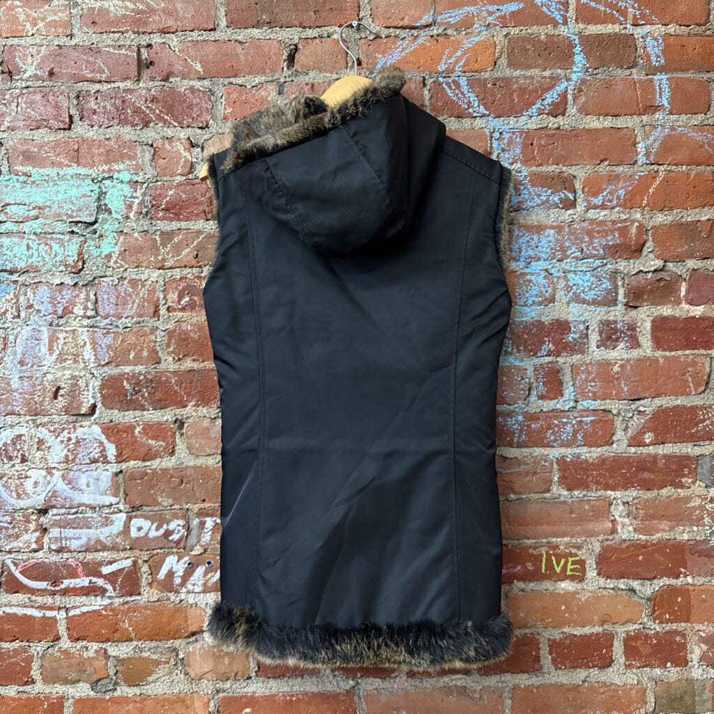 Andrew Marc Rabbit Fur Vest Hood Fur Inside Nylon Outside Reversible Black/Brown Ladies Size S