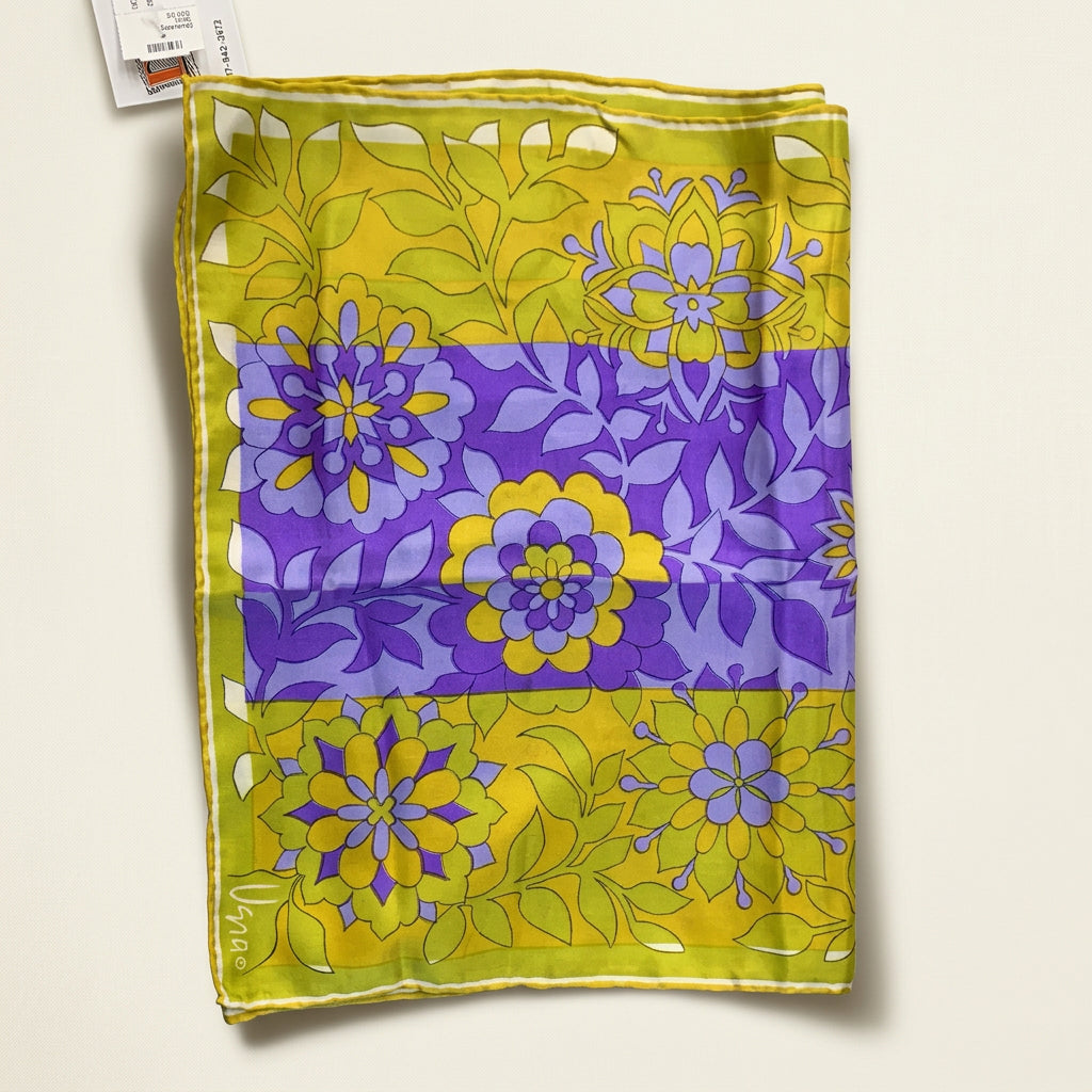 Scarves by Vera Vintage Silk Scarf Flowers Chartreuse/Purple