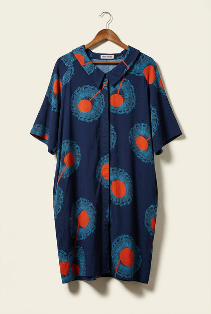 Henrik Vibskov Midi Dress Short Sleeve Circles Blue/Orange Ladies Size 2XL