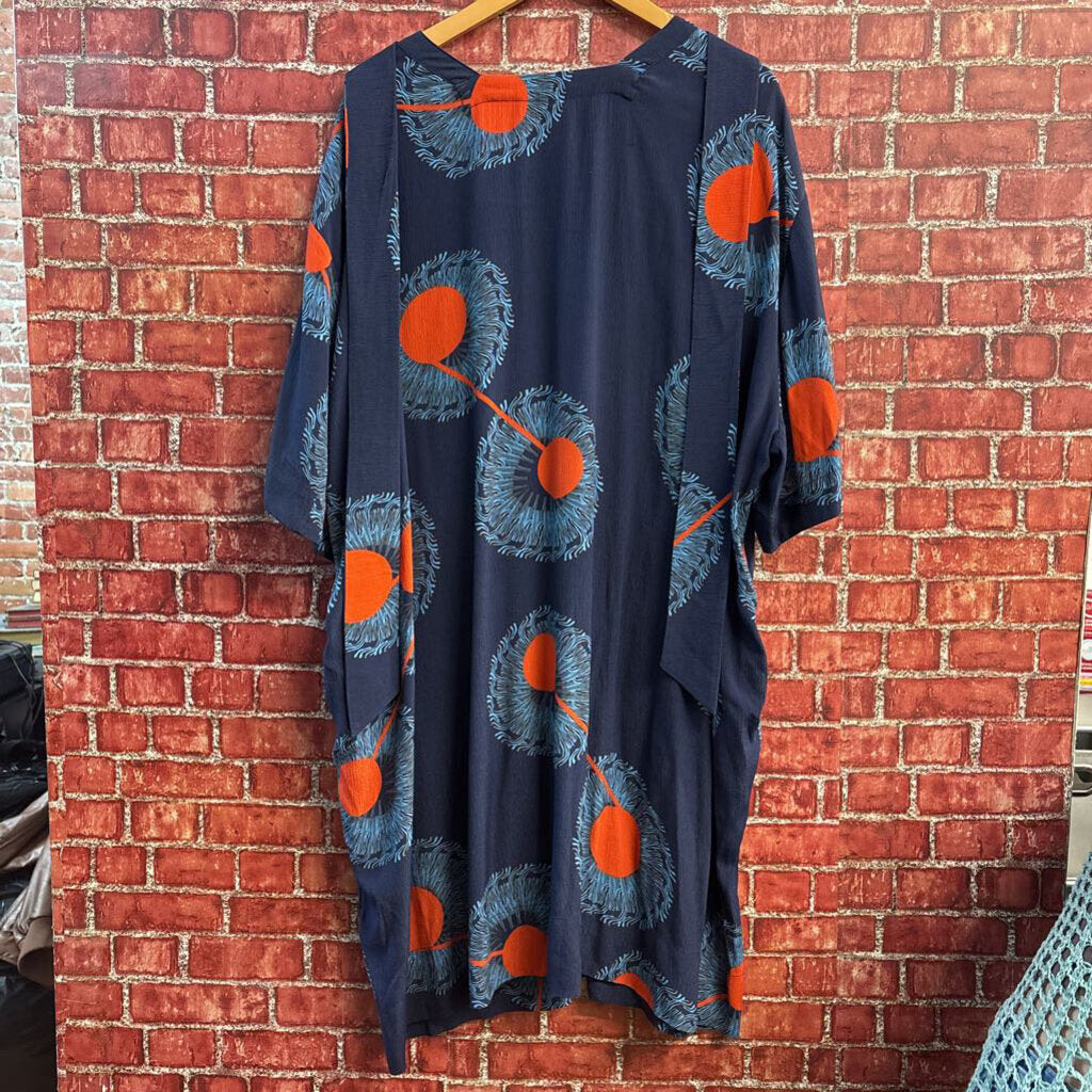 Henrik Vibskov Midi Dress Short Sleeve Circles Blue/Orange Ladies Size 2XL