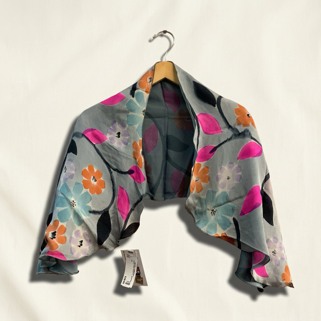 Hand Painted Silk Scarf/Shawl Flowers Grey/Multi Ladies Size S
