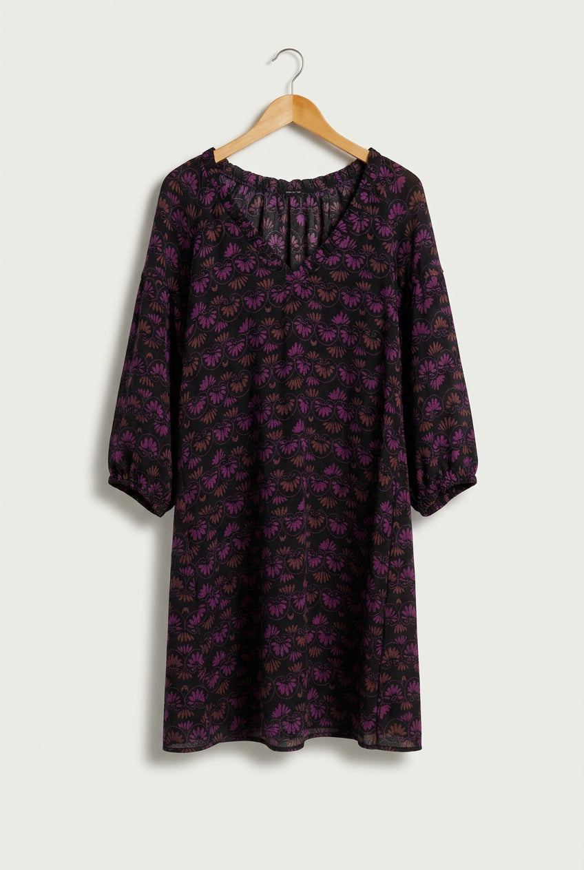Kristina Ti Midi Dress Silk/Wool Blend Damask Pattern Black/Purple Ladies Size L
