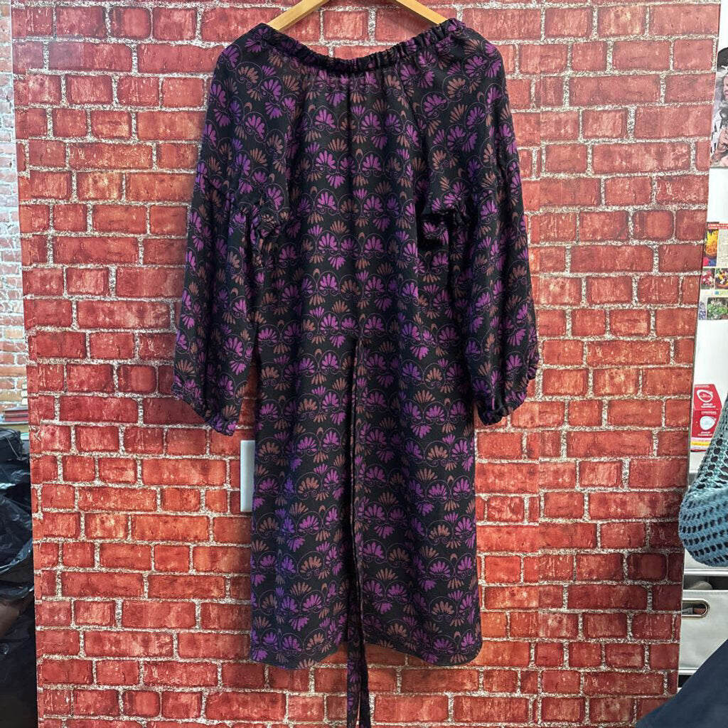 Kristina Ti Midi Dress Silk/Wool Blend Damask Pattern Black/Purple Ladies Size L