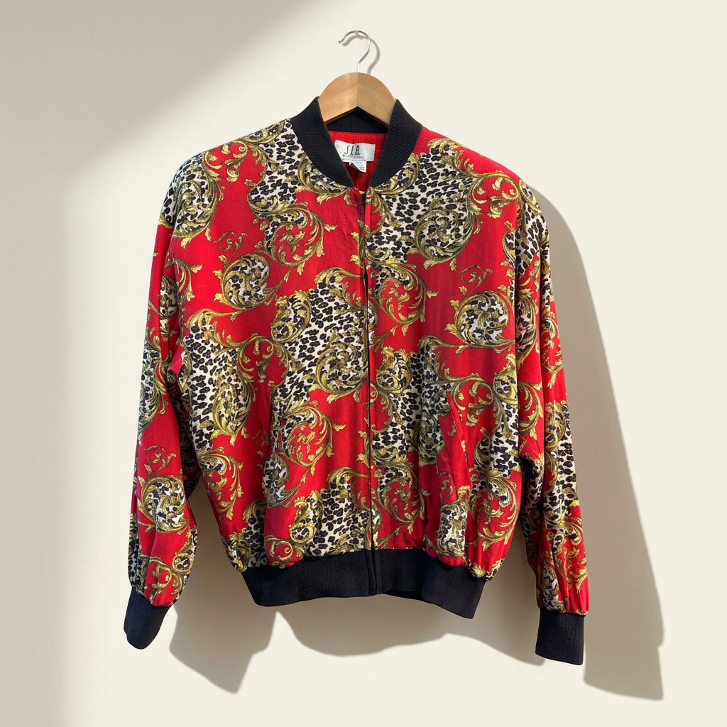 S.L.B. Red Ornate Silk Bomber Jacket Ladies Size S
