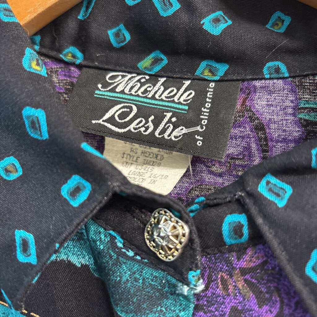 Michele Leslie Abstract Pattern SS Button Up Ladies Size L
