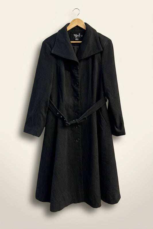 Hell Bunny Fit & Flare Long Coat With Belt Black Ladies Size XL