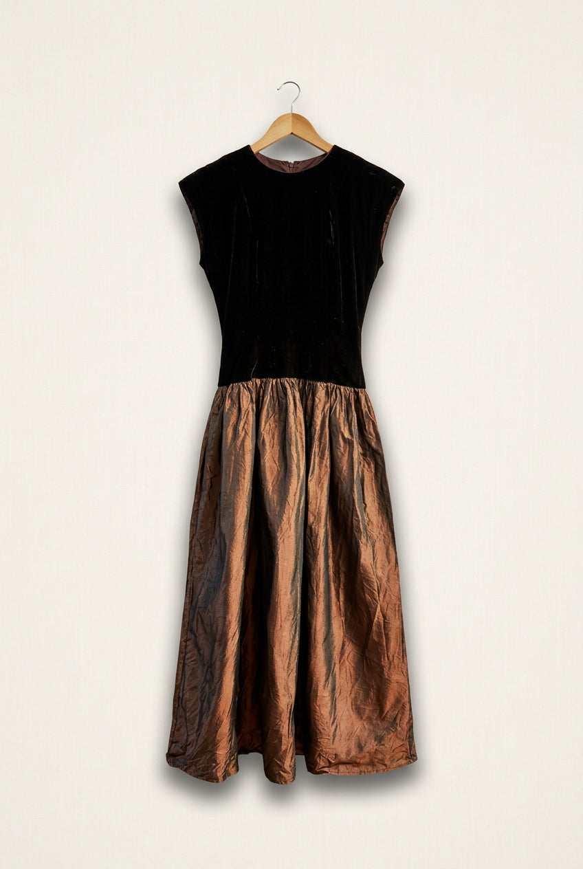 Vintage Lloyd Williams Drop-Waist Maxi Dress Velvet & Taffeta Brown Ladies Size S