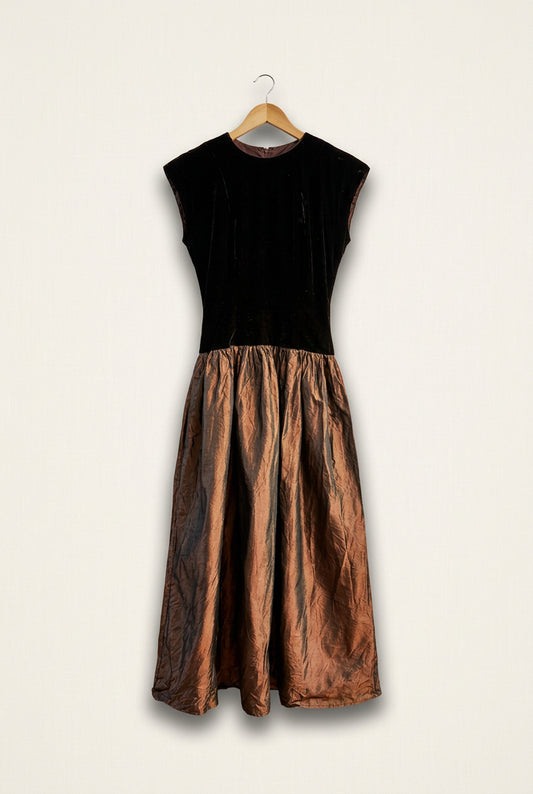 Vintage Lloyd Williams Drop-Waist Maxi Dress Velvet & Taffeta Brown Ladies Size S