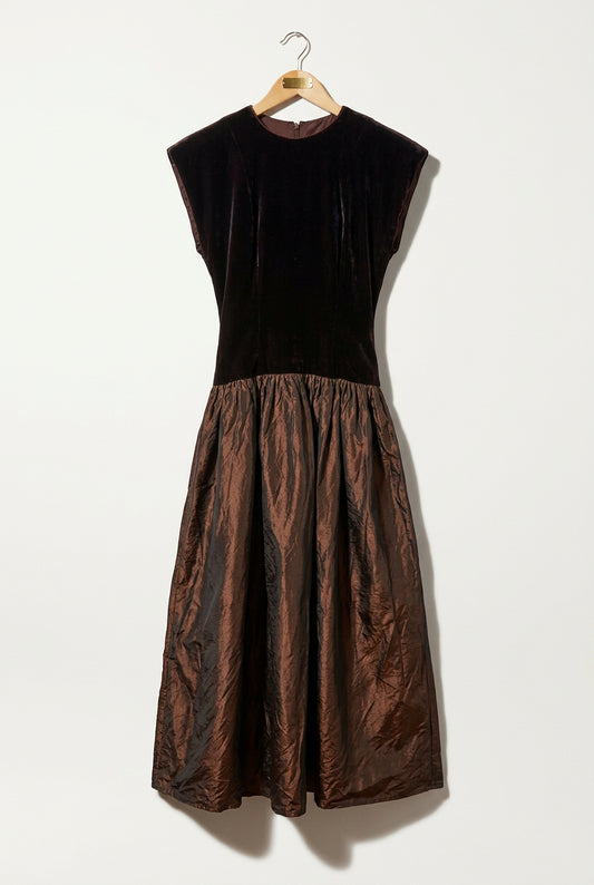 Vintage Lloyd Williams Drop-Waist Maxi Dress Velvet & Taffeta Brown Ladies Size 4