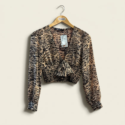 Zara Cropped Printed Long Sleeve Blouse With Bow Cuff Sleeves Brown/Black Ladies Size M