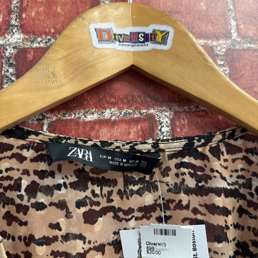 Zara Cropped Printed Long Sleeve Blouse With Bow Cuff Sleeves Brown/Black Ladies Size M