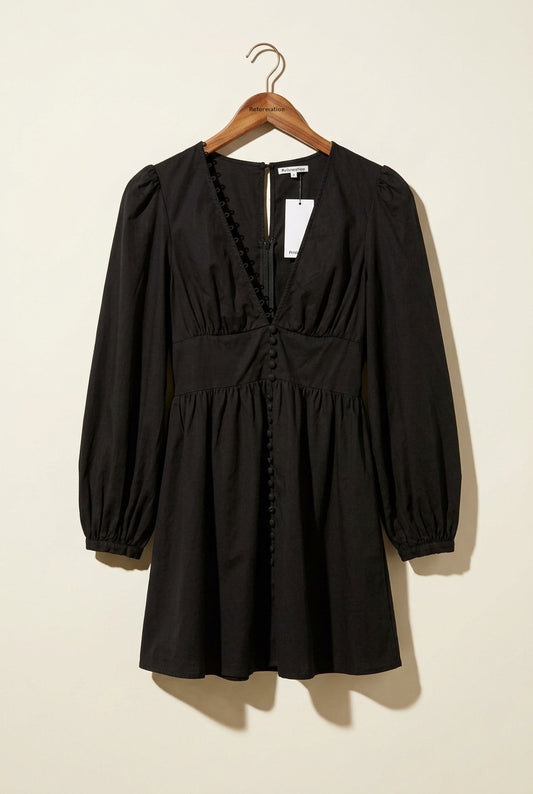 Reformation Linen Midi Dress Button Up Front Zipper Back Cuff Sleeves Black Ladies Size 4