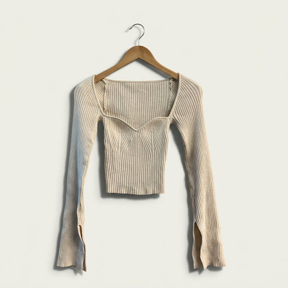 Urban Outfitters Ribbed Long Sleeve Cropped Creme Ladies Size S