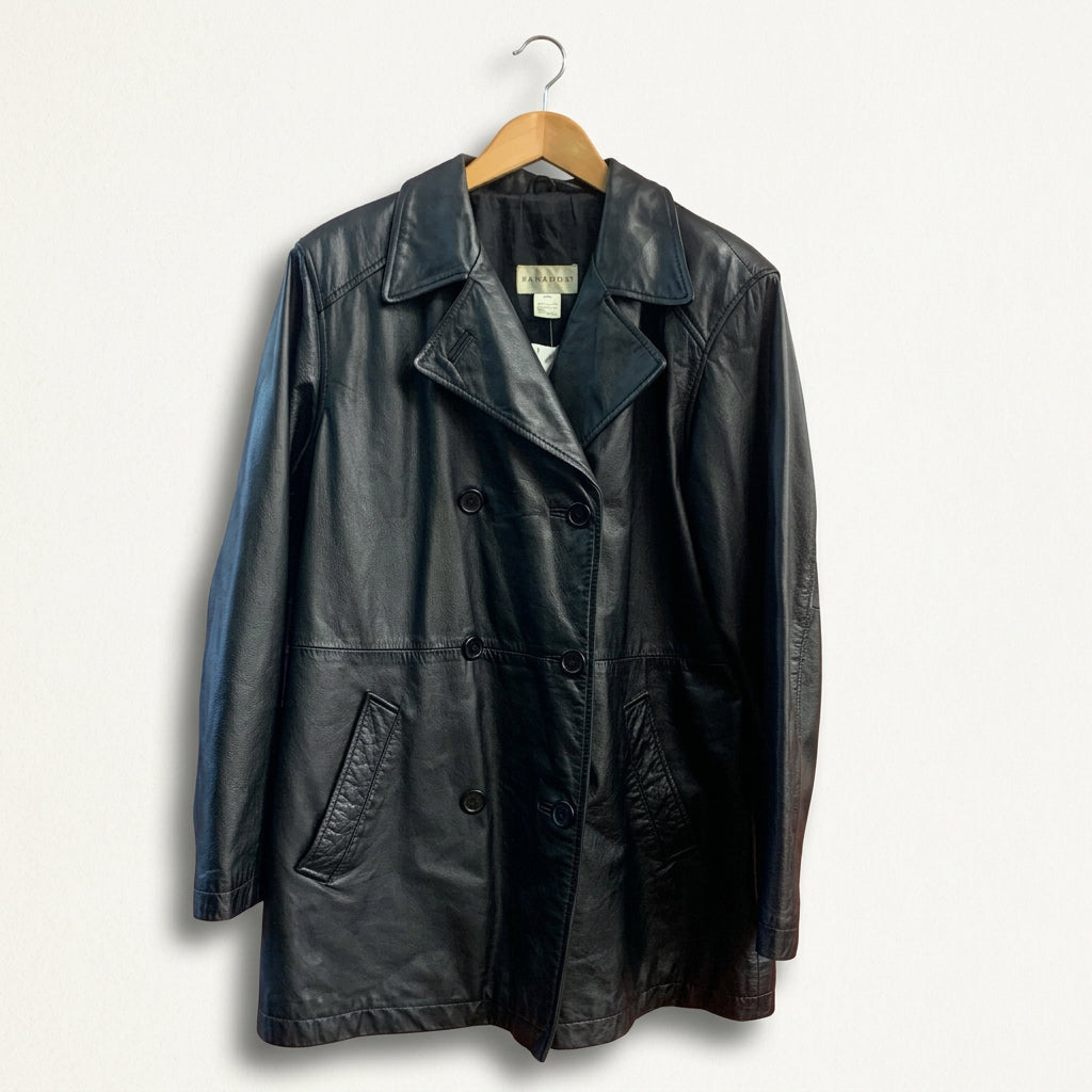Paradox Double-Breasted Mid Length Leather Coat Black Ladies Size L