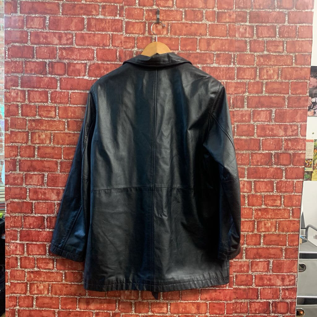 Paradox Double-Breasted Mid Length Leather Coat Black Ladies Size L