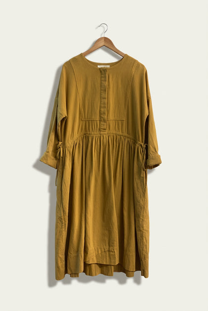 A Mente 3/4 Sleeve Midi Gathered Dress Button Front Mustard Yellow Size S/M